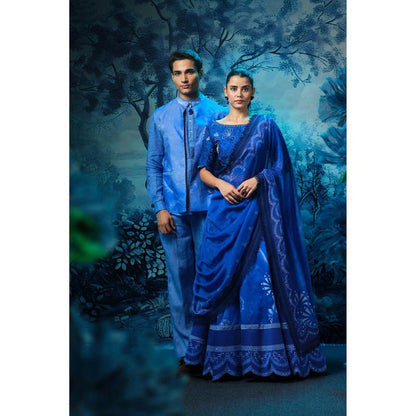 MANDIRA WIRK Blue Printed Jacket with Short Kurta and Pant