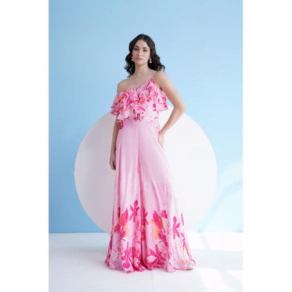 MANDIRA WIRK Fuchsia Orchid One Shoulder Jumpsuit