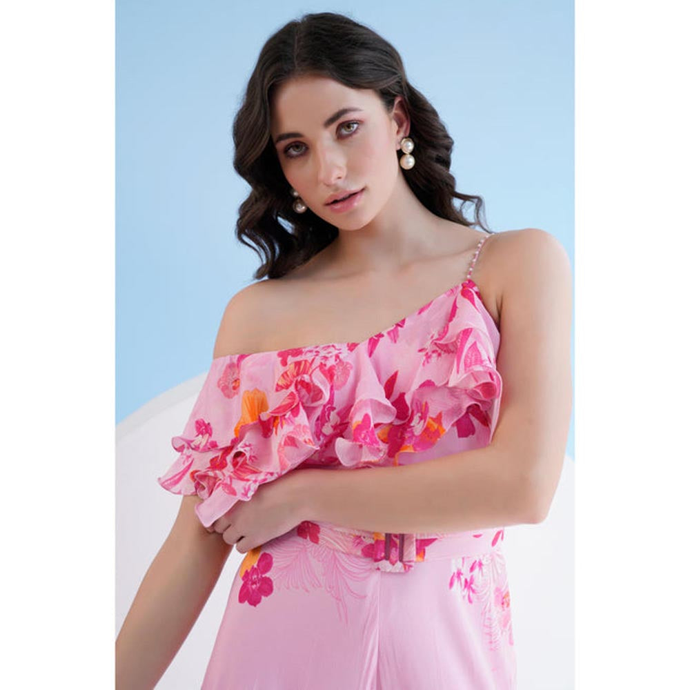 MANDIRA WIRK Fuchsia Orchid One Shoulder Jumpsuit