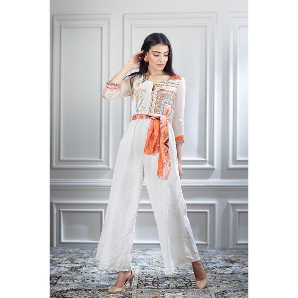 MANDIRA WIRK Hand Embroidered Printed Chanderi Jumpsuit