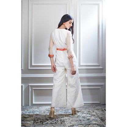 MANDIRA WIRK Hand Embroidered Printed Chanderi Jumpsuit