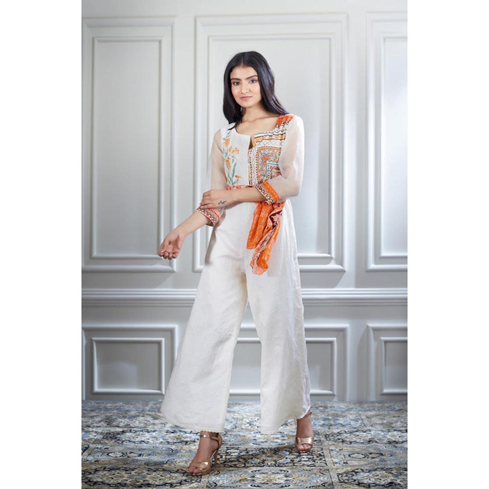 MANDIRA WIRK Hand Embroidered Printed Chanderi Jumpsuit