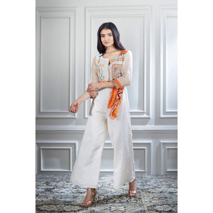MANDIRA WIRK Hand Embroidered Printed Chanderi Jumpsuit