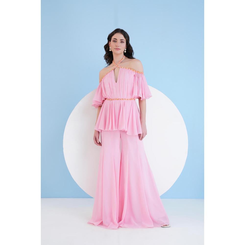 MANDIRA WIRK Solid Pink Embroidered Jumpsuit