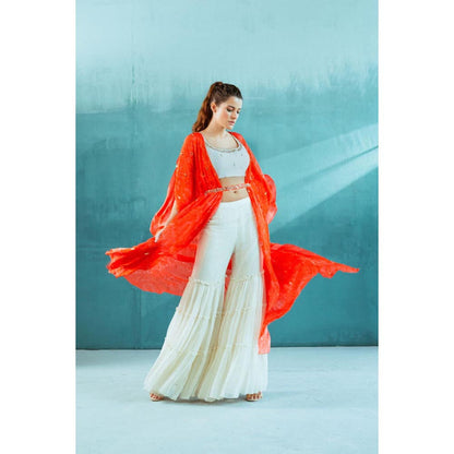 MANDIRA WIRK Women Chiffon Ivory Top with Sharara and Dupatta