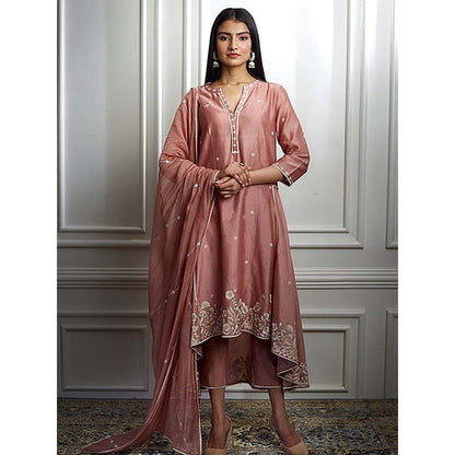 MANDIRA WIRK Women Chanderi Pink Kurta with Pant and Dupatta