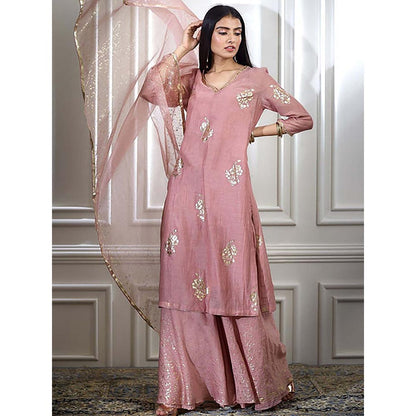 MANDIRA WIRK Women Chanderi Pink Kurta with Sharara and Dupatta