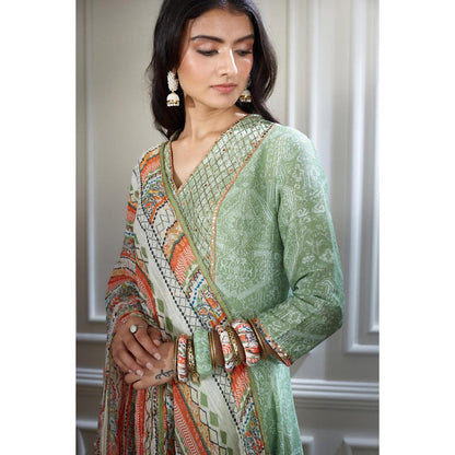 MANDIRA WIRK Women Chanderi Green Kurta with Palazzo