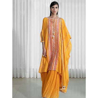 MANDIRA WIRK Women Cotton Lurex Mustard Kurta with Sharara and Dupatta