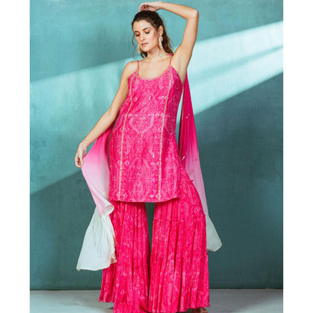 MANDIRA WIRK Women Chanderi Pink Kurta with Sharara and Dupatta