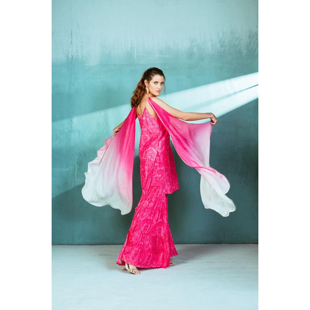 MANDIRA WIRK Women Chanderi Pink Kurta with Sharara and Dupatta