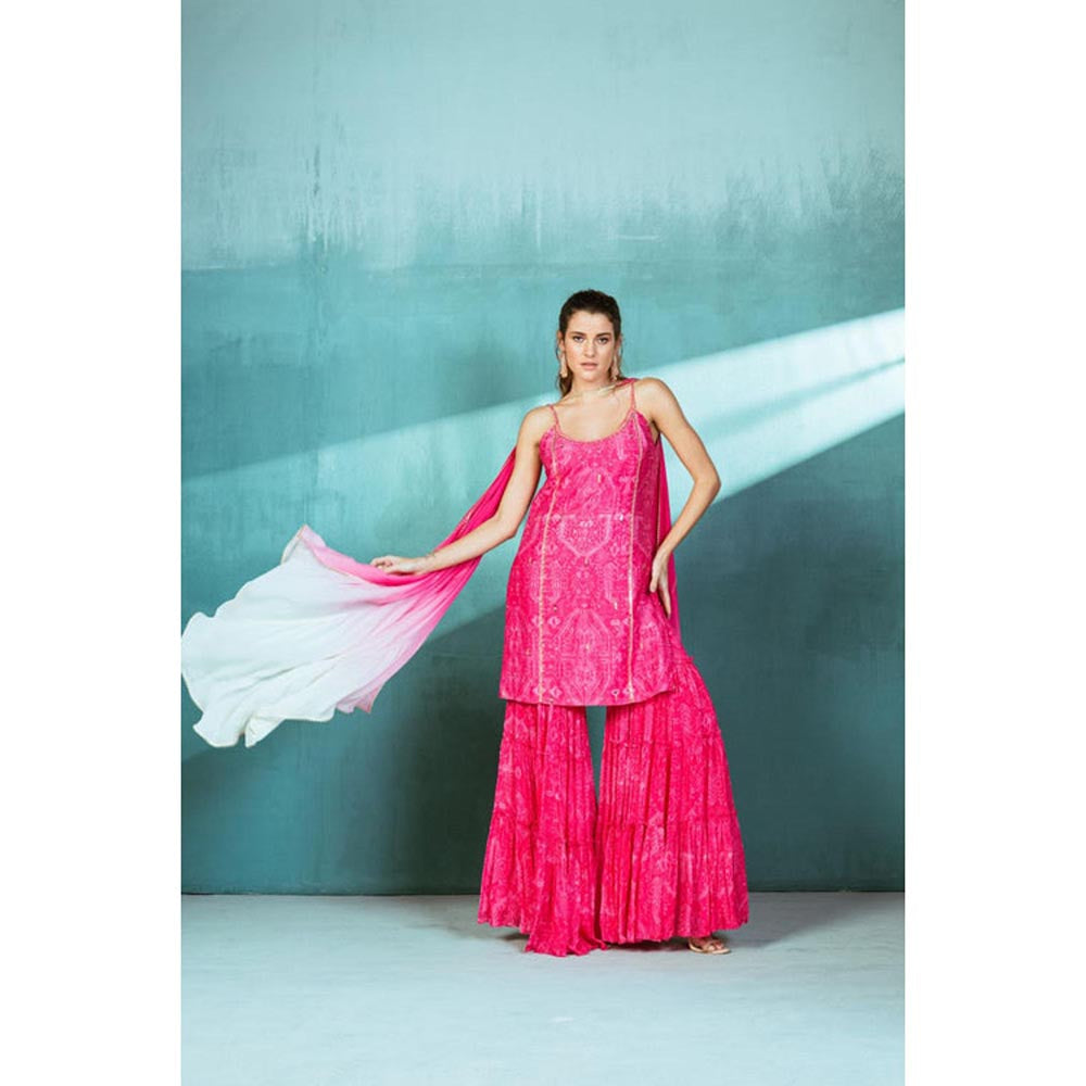 MANDIRA WIRK Women Chanderi Pink Kurta with Sharara and Dupatta