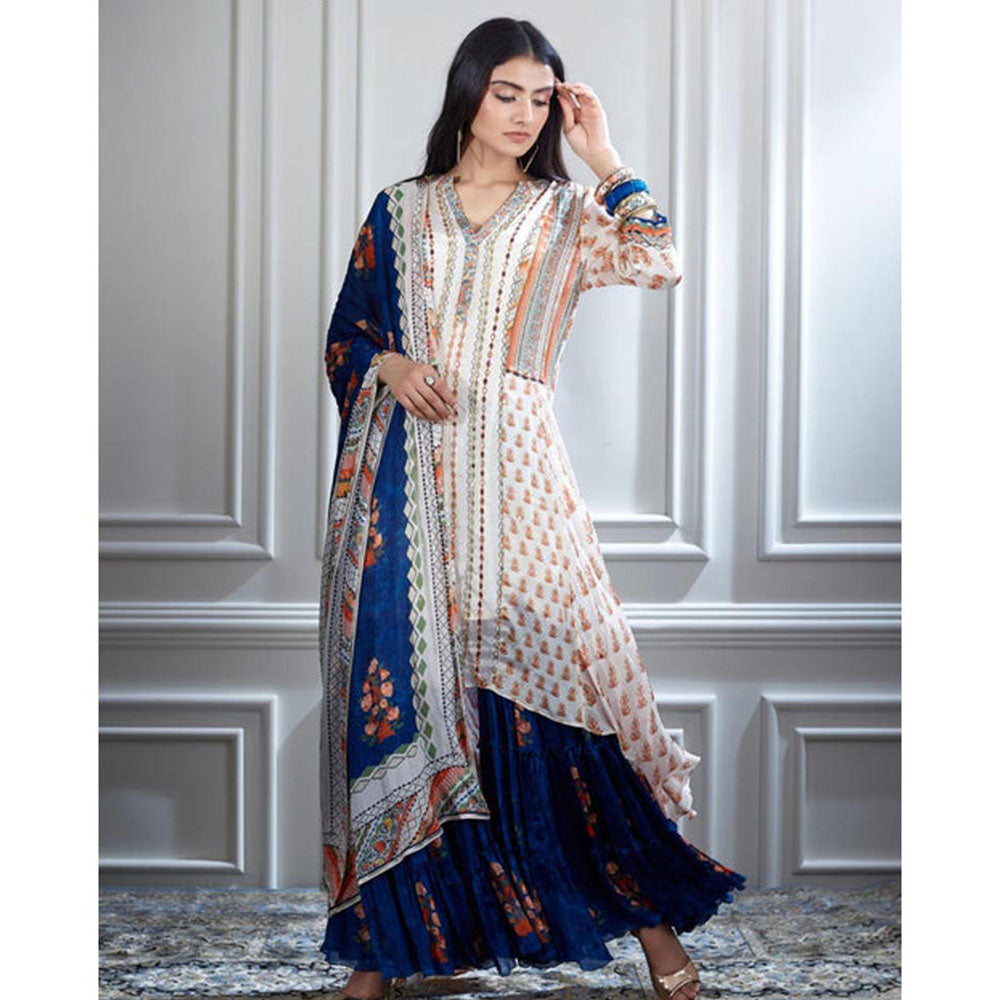 MANDIRA WIRK Women Chanderi Ivory Kurta with Sharara and Dupatta