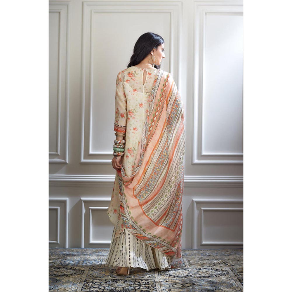 MANDIRA WIRK Women Chanderi Ivory Kurta with Sharara and Dupatta