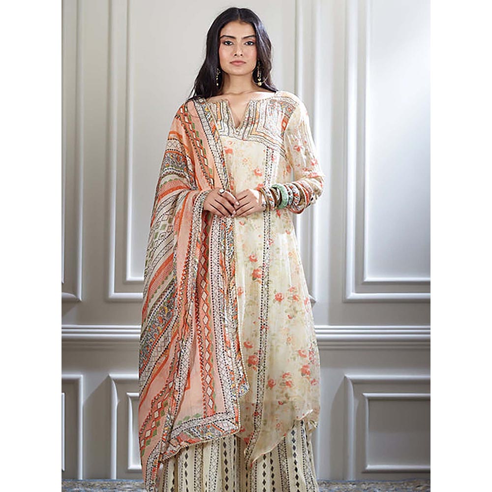 MANDIRA WIRK Women Chanderi Ivory Kurta with Sharara and Dupatta
