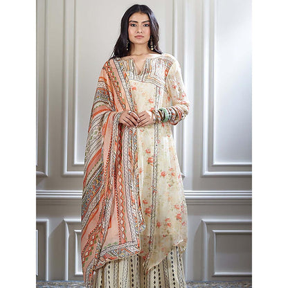 MANDIRA WIRK Women Chanderi Ivory Kurta with Sharara and Dupatta