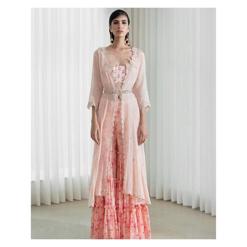 MANDIRA WIRK Women Mulmul Peach Kurta with Sharara and Dupatta