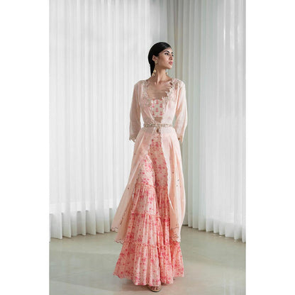 MANDIRA WIRK Women Mulmul Peach Kurta with Sharara and Dupatta