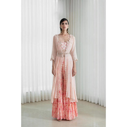 MANDIRA WIRK Women Mulmul Peach Kurta with Sharara and Dupatta