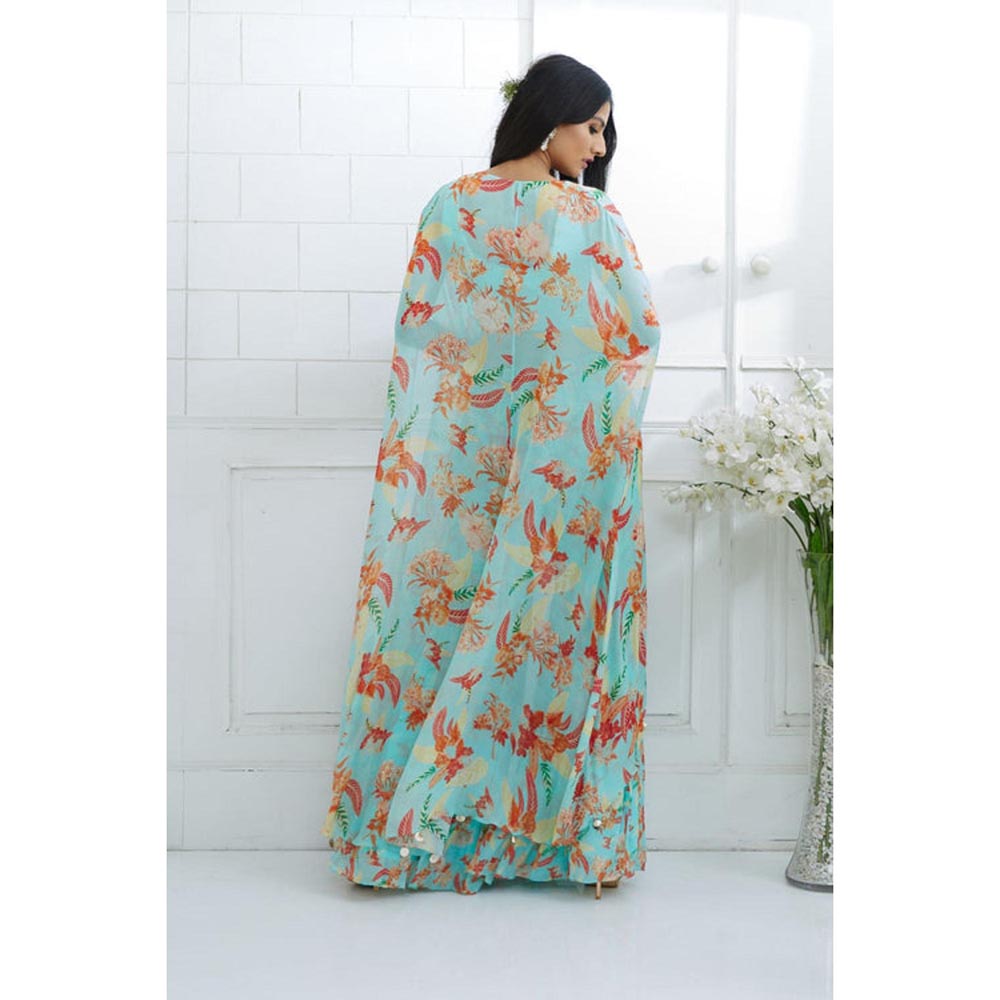 MANDIRA WIRK Women Chiffon Blue Top with Sharara and Cape
