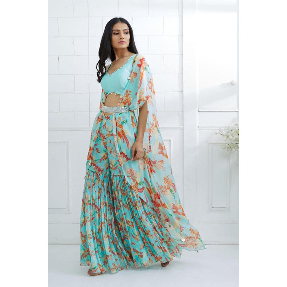 MANDIRA WIRK Women Chiffon Blue Top with Sharara and Cape