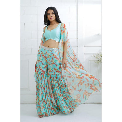 MANDIRA WIRK Women Chiffon Blue Top with Sharara and Cape