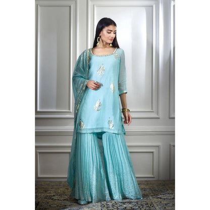 MANDIRA WIRK Women Chanderi Blue Kurta with Sharara and Dupatta