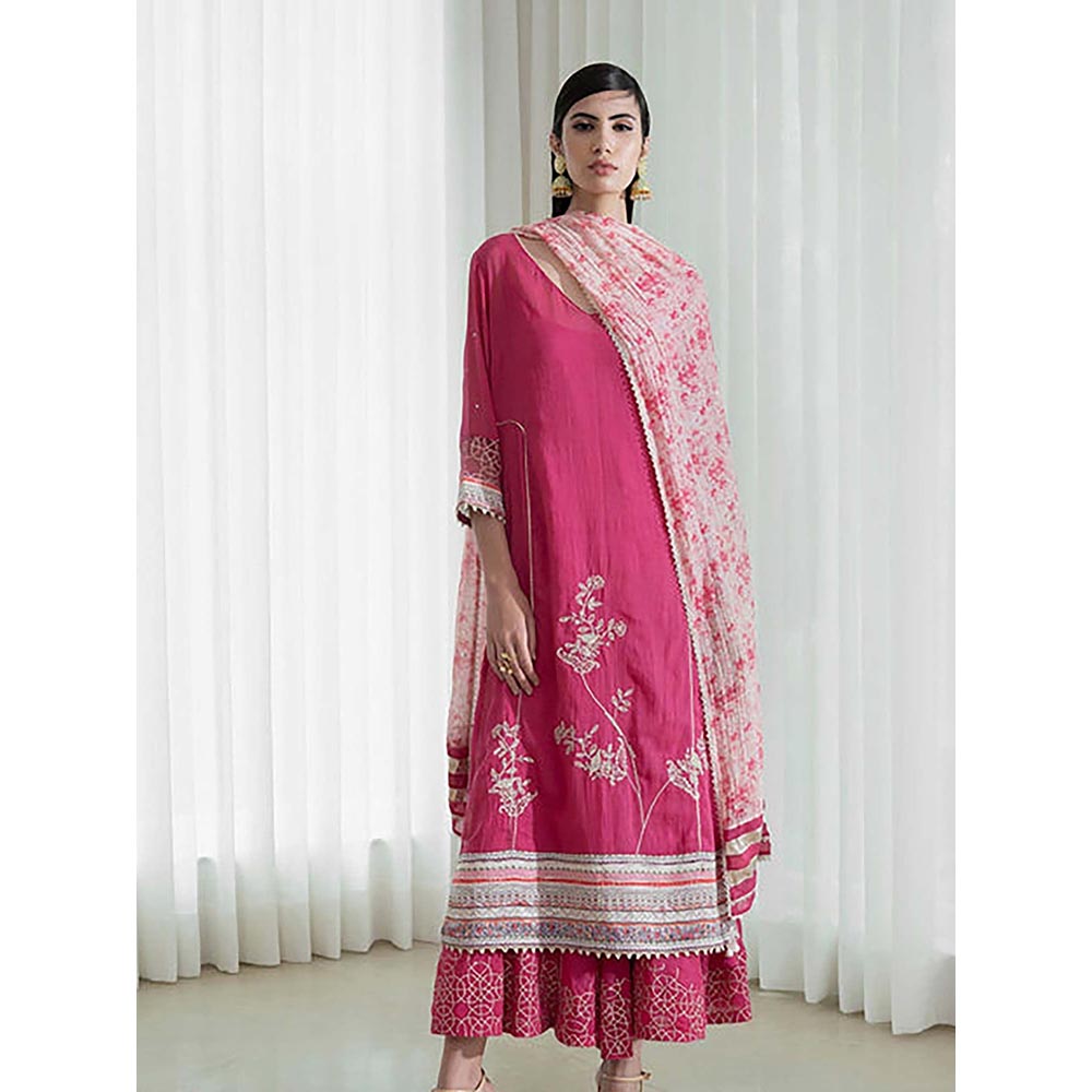 MANDIRA WIRK Women Chanderi Pink Kurta with Sharara and Dupatta