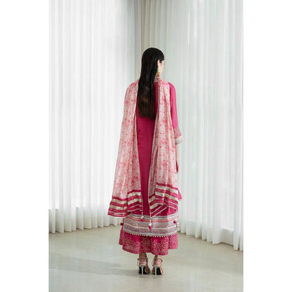 MANDIRA WIRK Women Chanderi Pink Kurta with Sharara and Dupatta