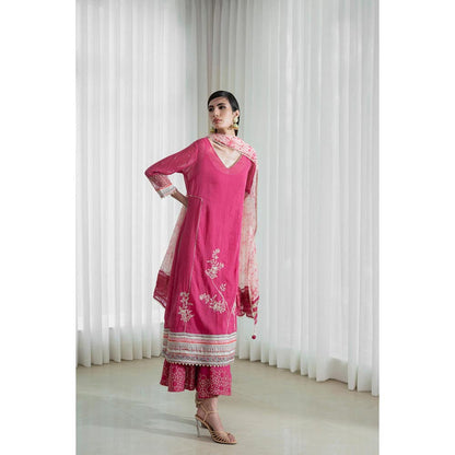 MANDIRA WIRK Women Chanderi Pink Kurta with Sharara and Dupatta
