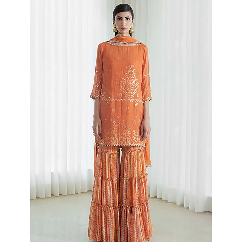 MANDIRA WIRK Women Chanderi Rust Kurta with Sharara and Dupatta