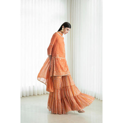 MANDIRA WIRK Women Chanderi Rust Kurta with Sharara and Dupatta