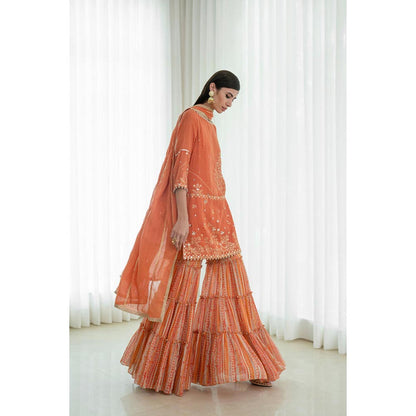MANDIRA WIRK Women Chanderi Rust Kurta with Sharara and Dupatta