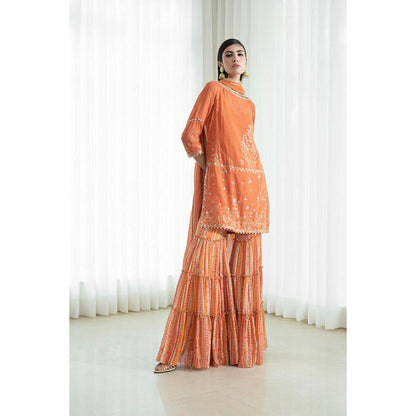 MANDIRA WIRK Women Chanderi Rust Kurta with Sharara and Dupatta