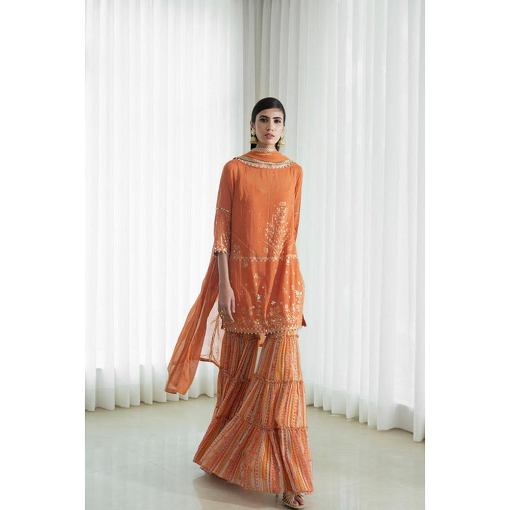 MANDIRA WIRK Women Chanderi Rust Kurta with Sharara and Dupatta