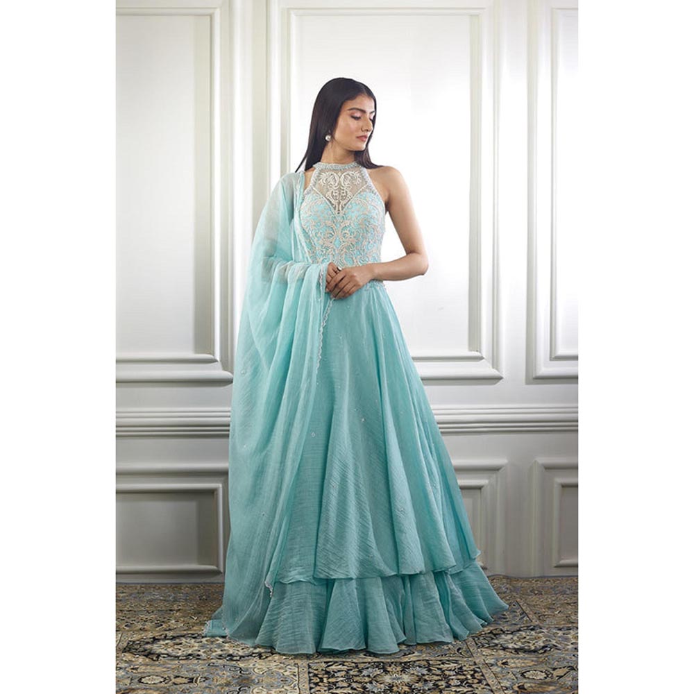 MANDIRA WIRK Women Chanderi Aqua Anarkali with Churidar and Dupatta