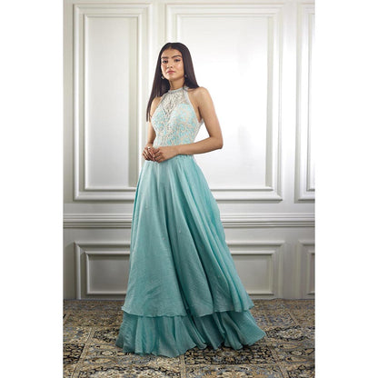MANDIRA WIRK Women Chanderi Aqua Anarkali with Churidar and Dupatta