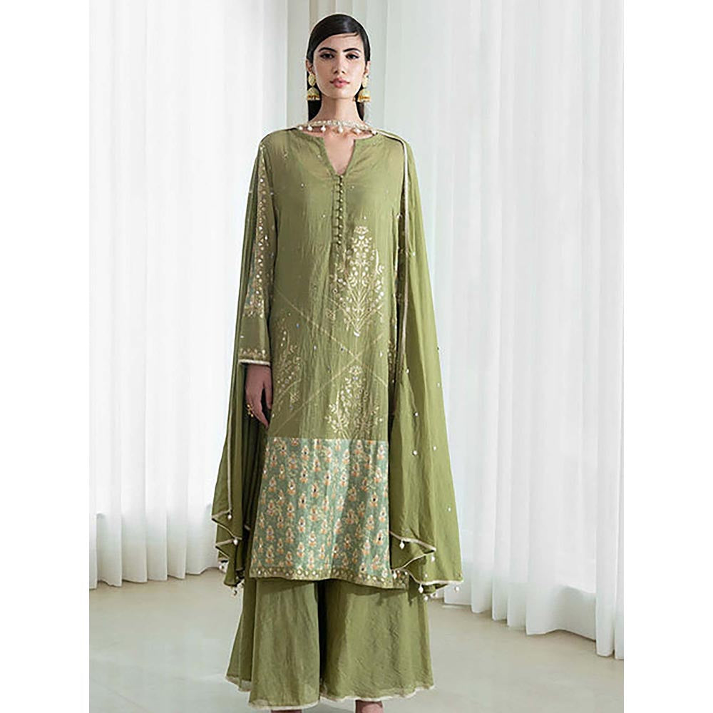 MANDIRA WIRK Women Mulmul Olive Kurta with Sharara and Dupatta