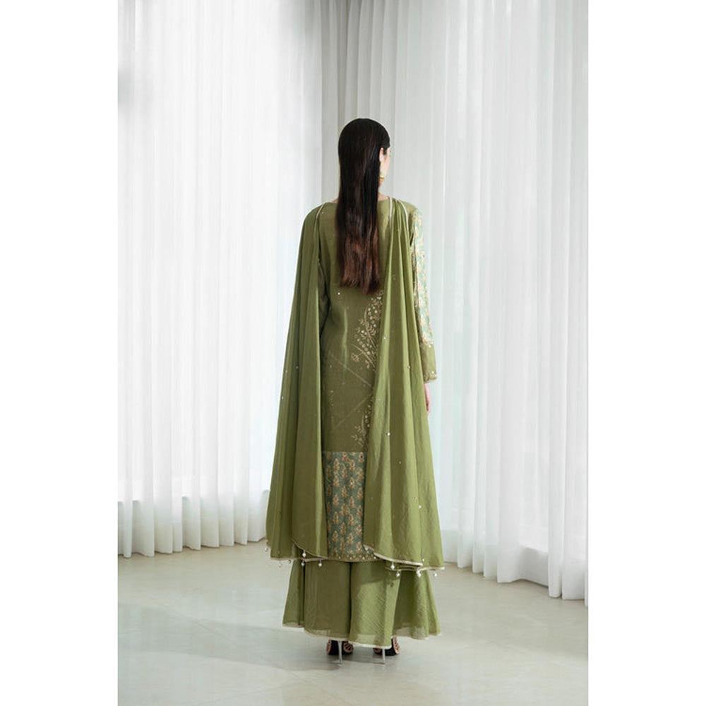 MANDIRA WIRK Women Mulmul Olive Kurta with Sharara and Dupatta