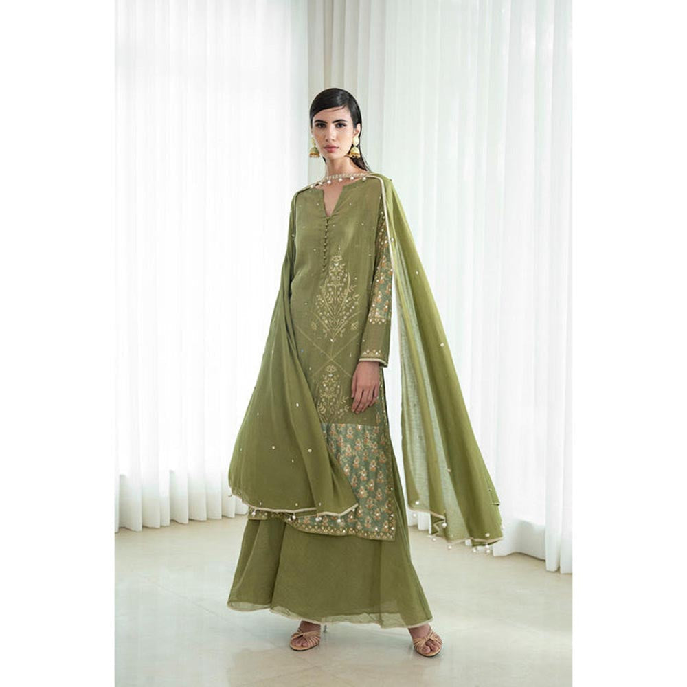 MANDIRA WIRK Women Mulmul Olive Kurta with Sharara and Dupatta