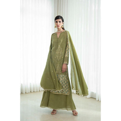 MANDIRA WIRK Women Mulmul Olive Kurta with Sharara and Dupatta