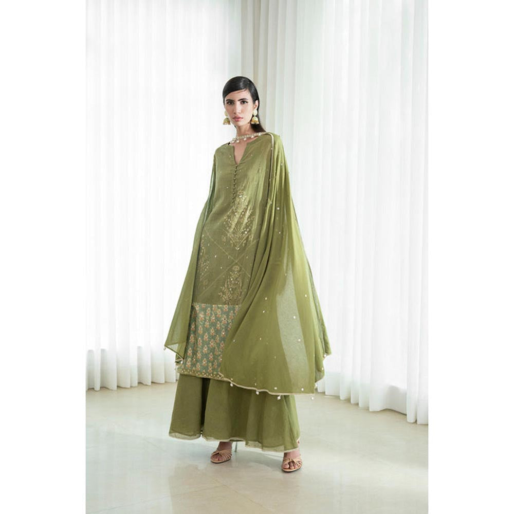 MANDIRA WIRK Women Mulmul Olive Kurta with Sharara and Dupatta