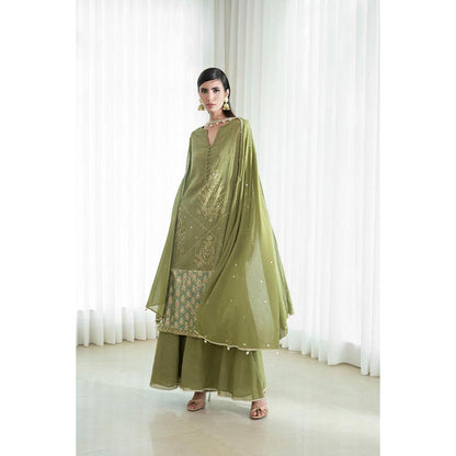 MANDIRA WIRK Women Mulmul Olive Kurta with Sharara and Dupatta