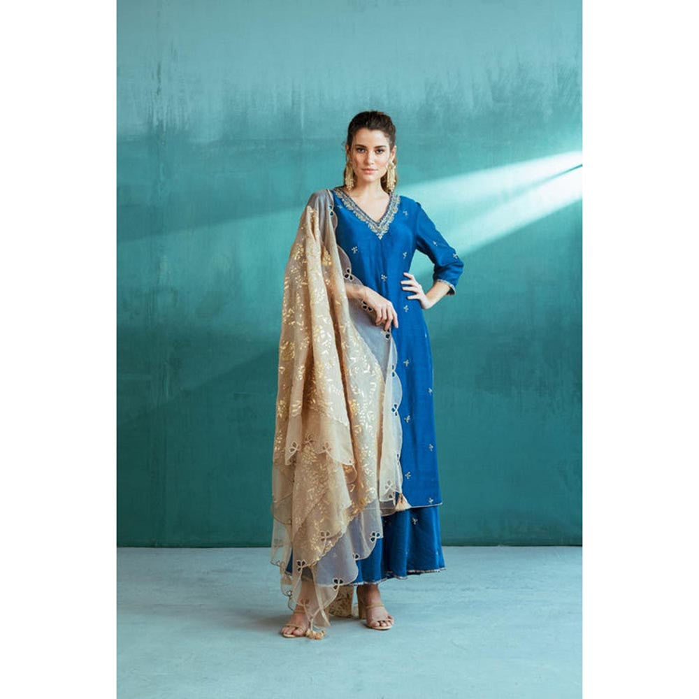 MANDIRA WIRK Women Chanderi Blue Kurta with Sharara and Dupatta