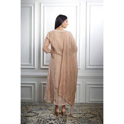 MANDIRA WIRK Women Chanderi Beige Kurta with Pant and Dupatta