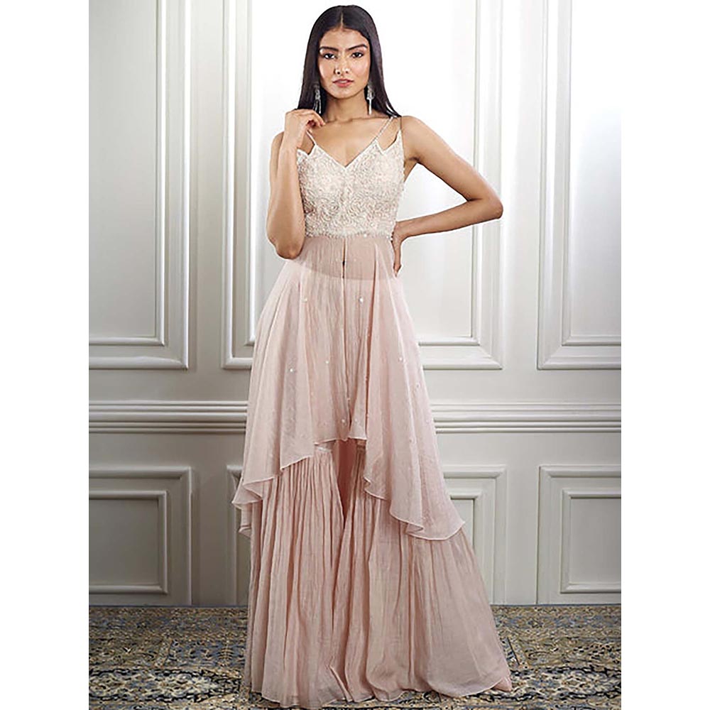 MANDIRA WIRK Women Chanderi Peach Top with Cape and Sharara