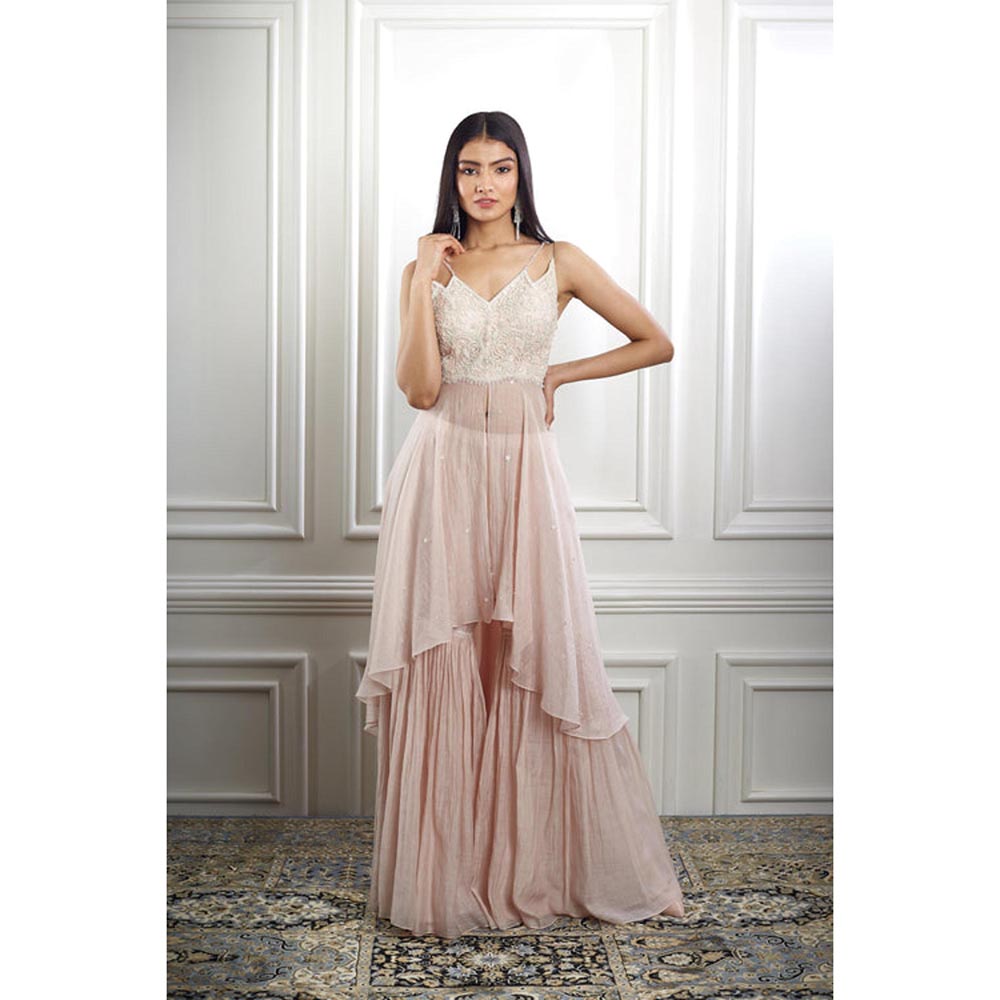 MANDIRA WIRK Women Chanderi Peach Top with Cape and Sharara