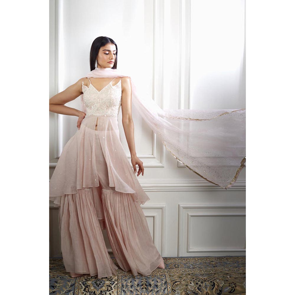 MANDIRA WIRK Women Chanderi Peach Top with Cape and Sharara