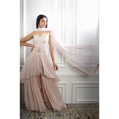 MANDIRA WIRK Women Chanderi Peach Top with Cape and Sharara