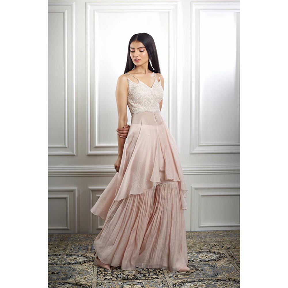 MANDIRA WIRK Women Chanderi Peach Top with Cape and Sharara